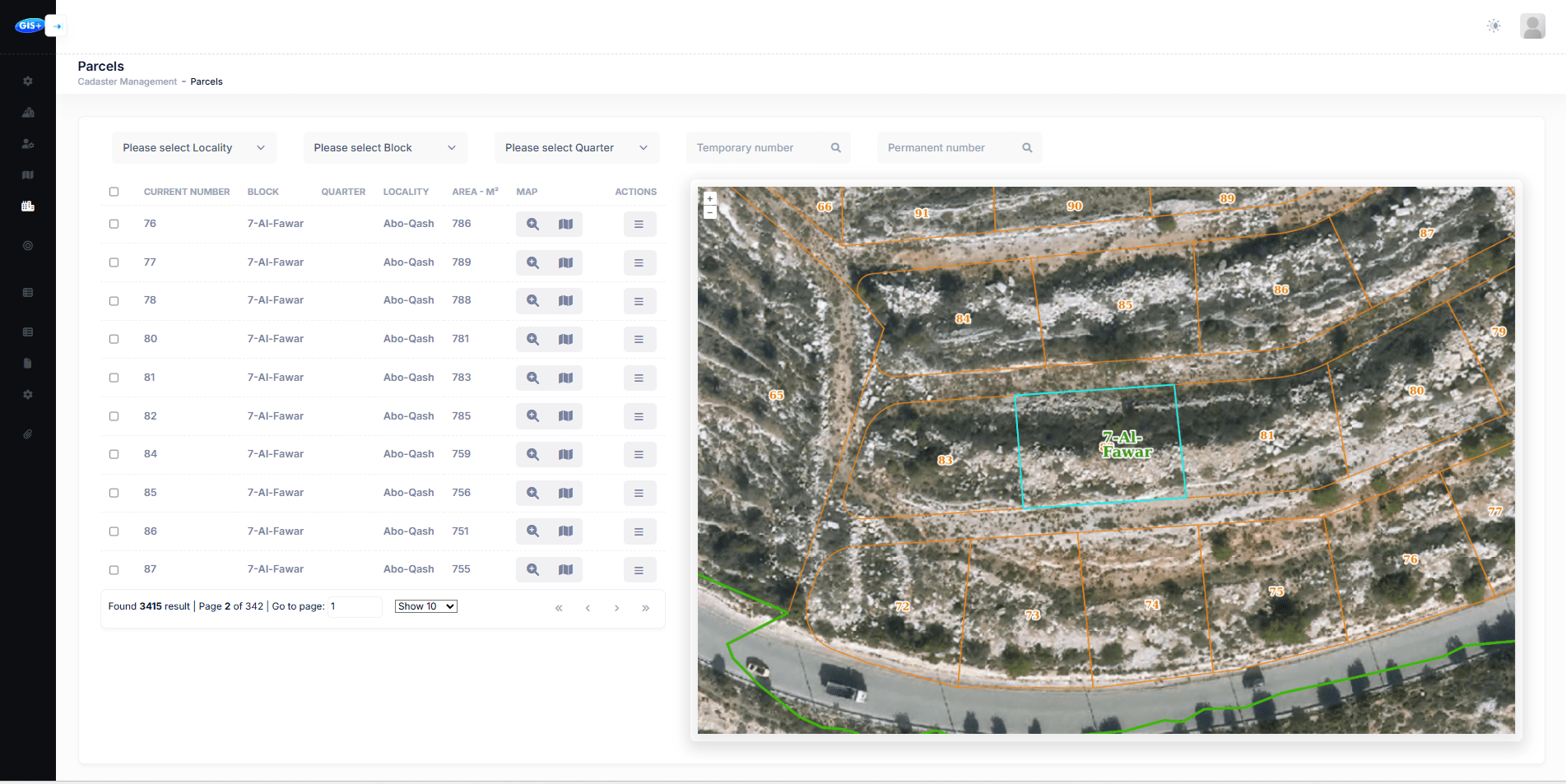 CityGraph cadastre module showing a parcel list and highlighted parcel on the map