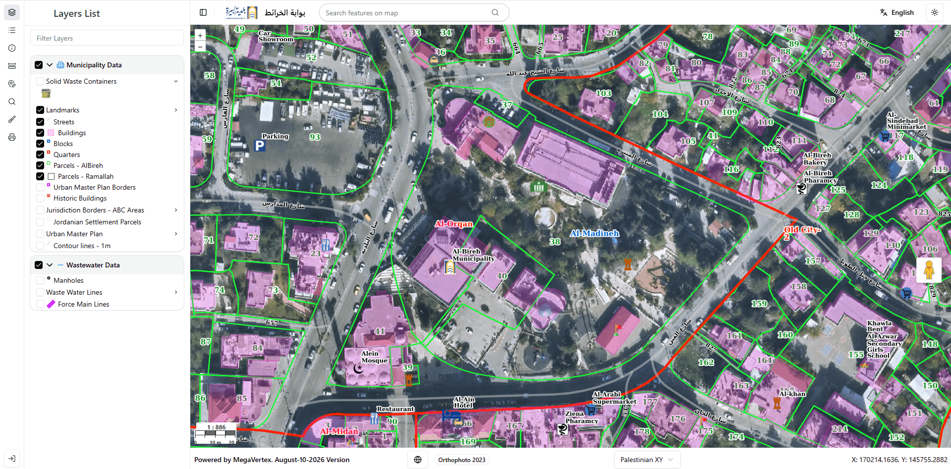 MegaVertex web portal showing AlBireh municipality's layers list and cadastral map